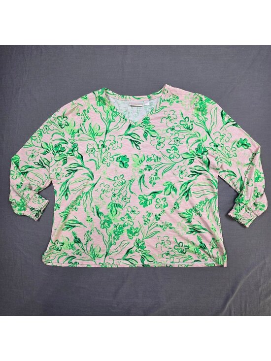 Belle Kim Gravel Tops - Belle Kim Gravel 2X Long Sleeve Top Pink & Green Floral V-Neck Cotton Modal